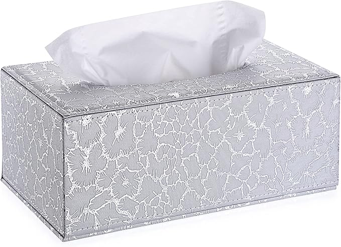 Sumnacon Rectangular Leather Tissue Box Cover - Stylish Tissue Box Holder with Magnetic Bottom, Decorative PU Tissue Box for Vanity Dresser Night Stand Table Countertop Home Office Car, Silver