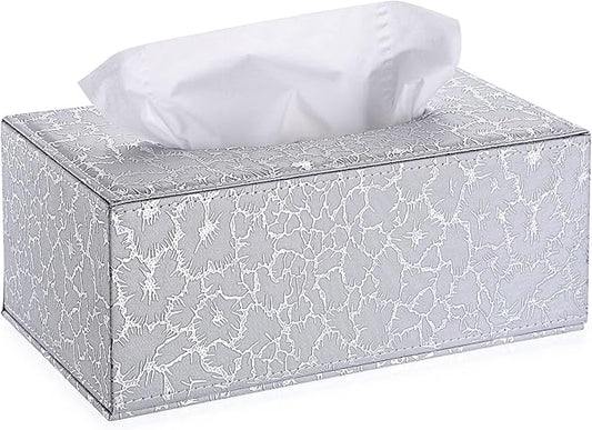 Sumnacon Rectangular Leather Tissue Box Cover - Stylish Tissue Box Holder with Magnetic Bottom, Decorative PU Tissue Box for Vanity Dresser Night Stand Table Countertop Home Office Car, Silver