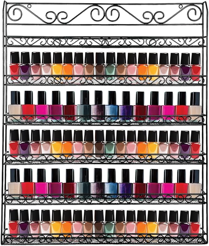 PANA Professional Wall-Mounted BLACK Metal Frame Nail Polish Display Rack Organizer - Holds Up to 100 Bottles - Perfect for Gift Home Salon Office Use