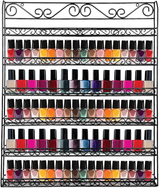 PANA Professional Wall-Mounted BLACK Metal Frame Nail Polish Display Rack Organizer - Holds Up to 100 Bottles - Perfect for Gift Home Salon Office Use