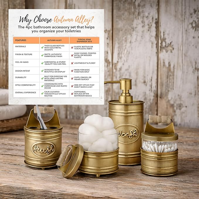 Autumn Alley Rustic Bathroom Accessories Set Vintage Brass Farmhouse Soap Dispenser, Antique Brass Toothbrush Holder, 2 Apothecary Jars Qtip Holder Glass - Rustic Bathroom Decor, Bathroom Accessories