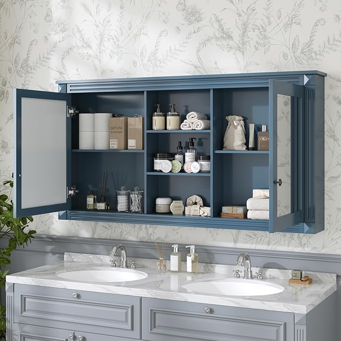 Merax Bathroom Medicine Cabinet with Mirror Door & Adjustable Shelf, 55" x 28" Wall Mounted Bathroom Storage Cabinet with Mirror, Over The Toilet