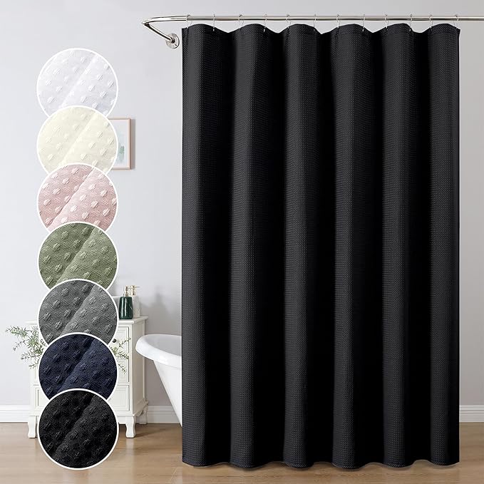 OWENIE Black Shower Curtain 84 Inches Extra Long, Waffle Weave Heavy Fabric Shower Curtain for Bathroom, Waterproof Soft Hotel Spa Luxury Elegant Bath Curtains, Machine Washable, Black, 72x84 Inch