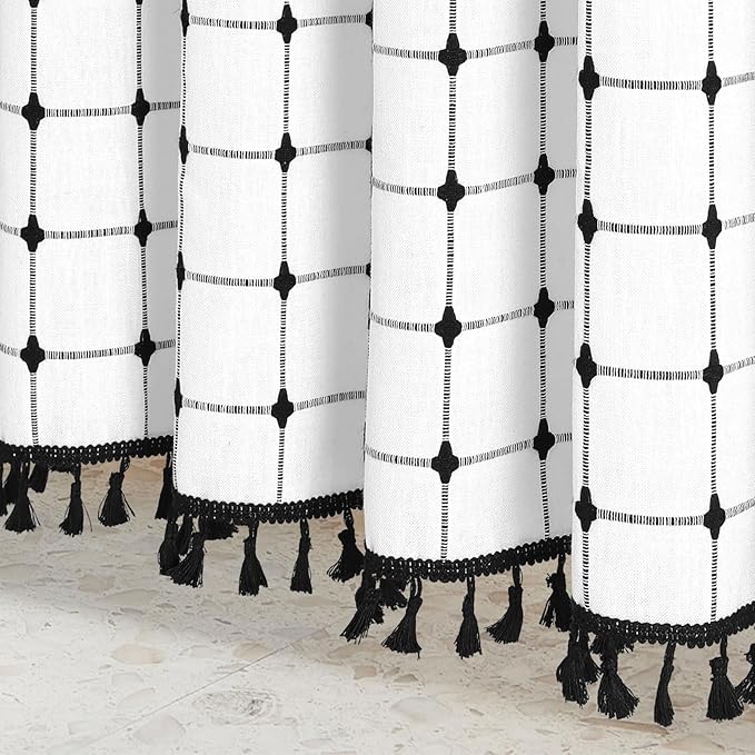MitoVilla White Black Boho Shower Curtains for Modern Farmhouse Bathroom Decor, Ivory Country Thick Polyester Linen Fabric Cloth with Tassel, 72 x 72