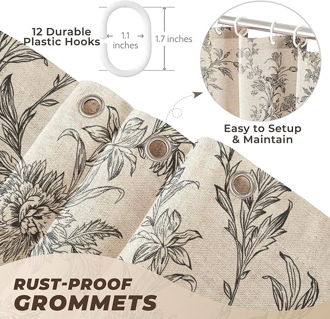 Black Floral Shower Curtain Beige Linen Shower Curtain Boho Farmhouse Shower Curtains for Bathroom Rustic Country Vintage Shower Curtains 72x72 inches