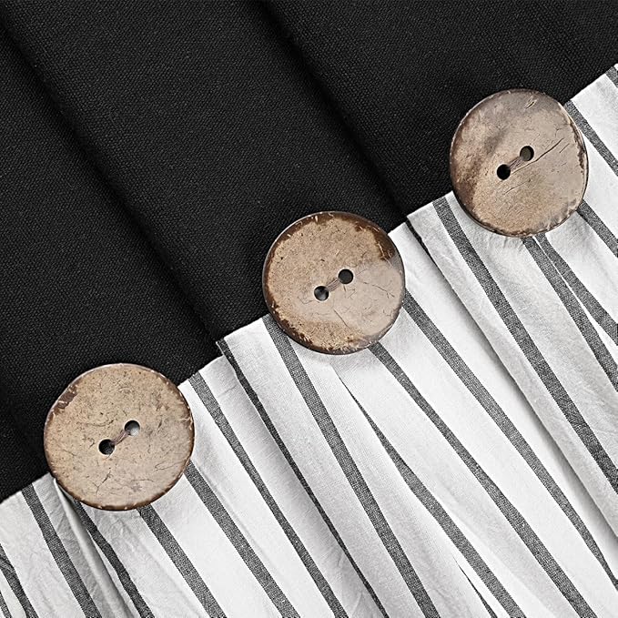 Farmhouse Black Shower Curtain, Beige and Black Stripe, Button Curtain, Linen and Cotton Woven Fabric, Rustic Charm Country Chic Style, 72x72 in