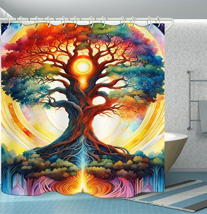 Shower Curtain, with The Theme of The Tree of Life and Bright Colors, Brings A Unique Artistic Atmosphere to The Bathroom. 59x72 Inch Fabric Shower Curtain Comes with 12 Hooks.