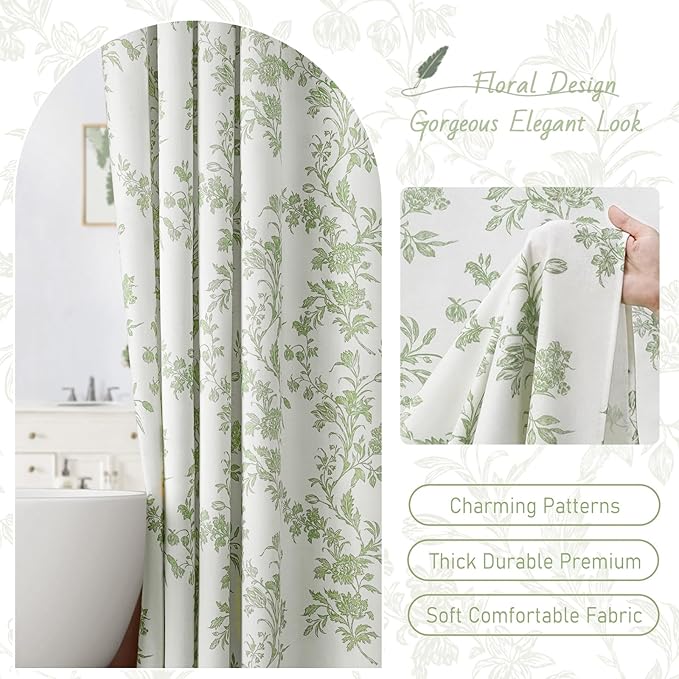 Sage Green Floral Shower Curtain,Vintage Cotton Cottagecore Shower Curtains for Bathroom, 72" W x 78" L