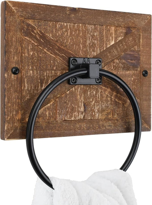 Autumn Alley Farmhouse Hand Towel Ring for Bathroom - Barn Wood Bath Towel Rings Holder - Towel Rings for Bathroom Wall Mounted Decor Mix of Wood, Galvanized Metal & Black Rings