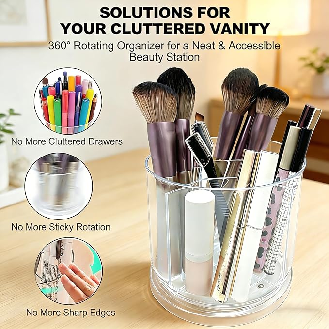 Makeup Brush Holder 360 Rotating Makeup Brushes Organizer for Vanity, 5 Slots Makeup Organizers & Storage, Multi-Functional Pencil Pen Holder for Desk, Cosmetic Storage Container Cup (Clear)