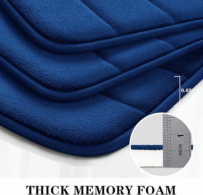 BYSURE Navy Blue Memory Foam Bathroom Rug Set 3 Piece, Non Slip Extra Soft Absorbent Bath Mats, Machine Washable & Dry Toilet Mat Sets for Bathroom Floor