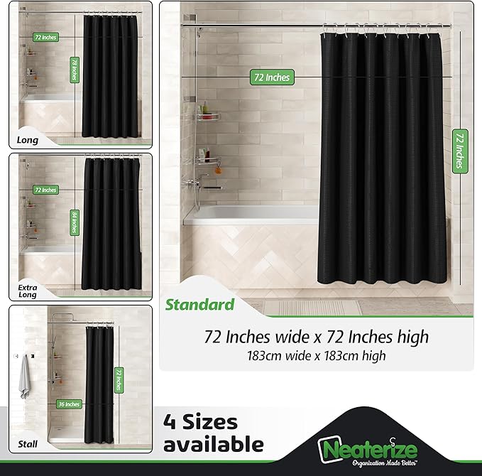 NEATERIZE Black Shower Curtain for Bathroom - Waffle Shower Curtain Hotel Style - 72x72 Inch Bathroom Curtain - Cortinas De Baño