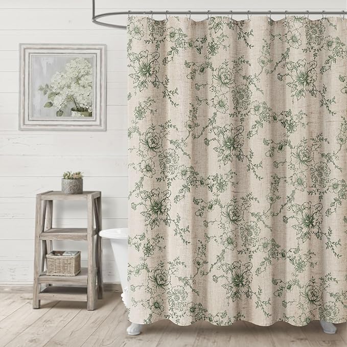 Farmhouse Floral Linen Shower Curtain, Vintage Green Spring Pattern Rustic Shower Curtains for Bathroom, Tan Taupe,72x72