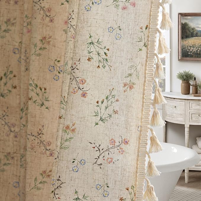 Floral Vintage Linen Shower Curtain, French Country Shower Curtains for Bathroom with Tassels, 72Wx90H
