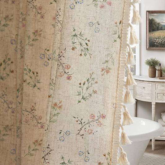 Floral Vintage Linen Shower Curtain, French Country Shower Curtains for Bathroom with Tassels, 60Wx72H