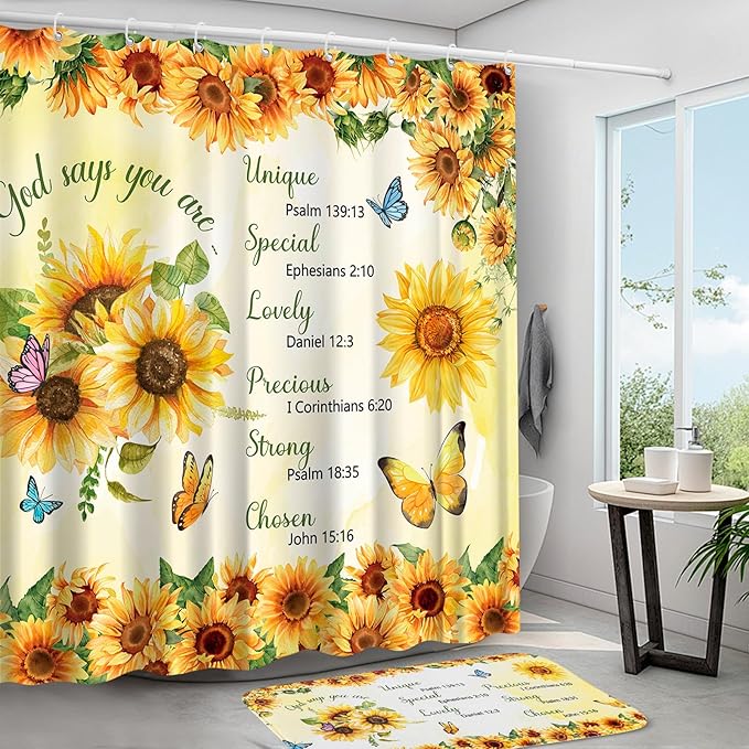 4 PCS Bathroom Shower Curtain Sets Sunflower Bathroom Set Yellow Shower Curtain with Rugs and Toilet Lid Cover Encouraging Bible Verse Floral Bathroom Decor Set Accessories