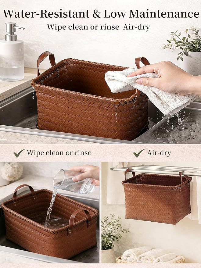 Hand Woven Baskets for Storage, 4Pcs Water-Resistant Wicker Baskets, Brown Wicker Storage Baskets for Shelves, Large Basket with Handle for Organizing, Clothes, Laundry, Blanket - Rectangular