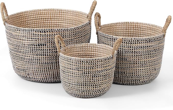 3-Piece Handwoven Seagrass Storage Basket Set with Handles, Large/Medium/Small Wicker Organizer for Laundry, Towels, Toys & Home Decor, Natural Brown
