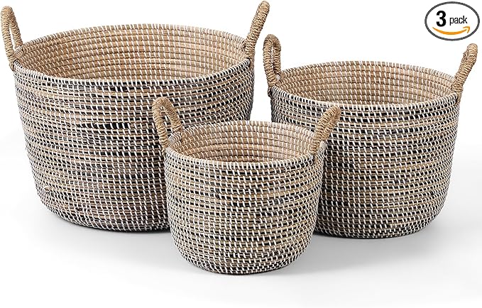 Set of 3 Laundry Baskets Hamper with Handles, Decorative Seagrass Basket for Living Room, Woven Storage Basket for Toys, Bin, Pillows, Blankets, Clothes in Bathroom, Bedroom - 32L 18L 9L