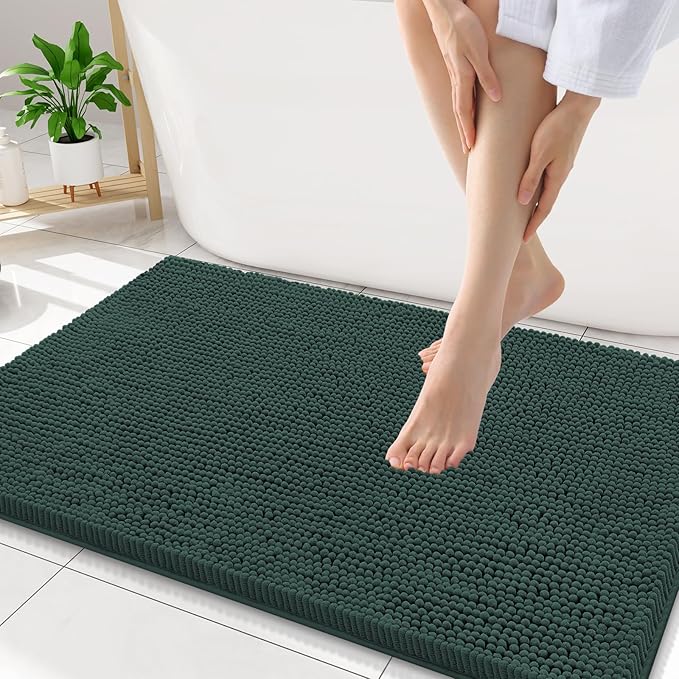 Smiry Luxury Chenille Bathroom Rugs 34x21, Extra Soft and Absorbent Shaggy Bath Mat, Machine Washable, Non-Slip Plush Carpet Runner for Tub, Shower, and Floor, Home Decor Accessories, Green