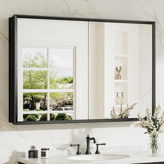 TokeShimi 40 x 26 Black Recessed Medicine Cabinet with Mirror, Assembly Required, Bathroom Medicine Cabinet with Mirror, Stepless Adjustable Shelves, Beveled Aluminum Frame, DTC Hinge