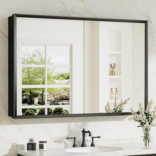 TokeShimi 40 x 26 Black Recessed Medicine Cabinet with Mirror, Assembly Required, Bathroom Medicine Cabinet with Mirror, Stepless Adjustable Shelves, Beveled Aluminum Frame, DTC Hinge