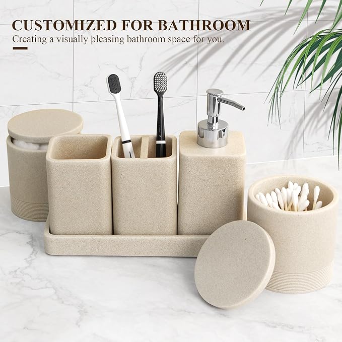 YMXYJM Bathroom Accessories Set, 6 Piece Bathroom Set with Toothbrush Holders, Soap Dispenser, Vanity Tray, Tumbler, Cotton Swab Jars, Bathroom Organizer，Bathroom Sink Sets, Stone Beige