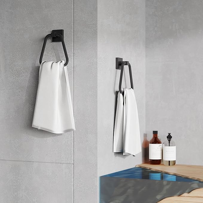 RUACQ Towel Ring, Square Base Hand Towel Ring, Stainless Steel Hand Towel Holder for Bathroom Wall, Sturdy and Rust-Resistant (Matte Black, 2Pack)