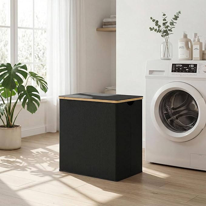 efluky Laundry Hamper with Lid, Double Laundry Hamper with 2 Removable Bags, 2 Section Laundry Basket with Bamboo Handles for Bathroom, Bedroom & Laundry Room, 140L (36.9 Gallon) Black