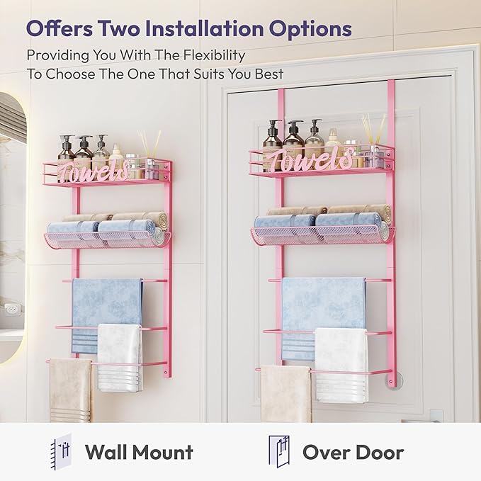 SWTYMIKI SWTYMIKI Over The Door Towel Racks for Bathroom - 5-Tier Wall Mounted Bathroom Towel Storage Organizer Holder with Metal Shelf, Pink