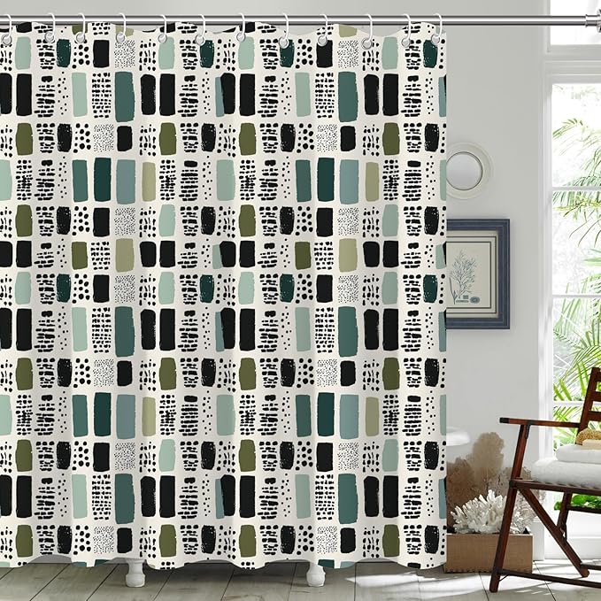 Boho Sage Green Shower Curtain for Bathroom,72x84 Extra Long Bohemian Green Checkered Shower Curtains,Funny Sage Geometric Bathroom Decor Accessories