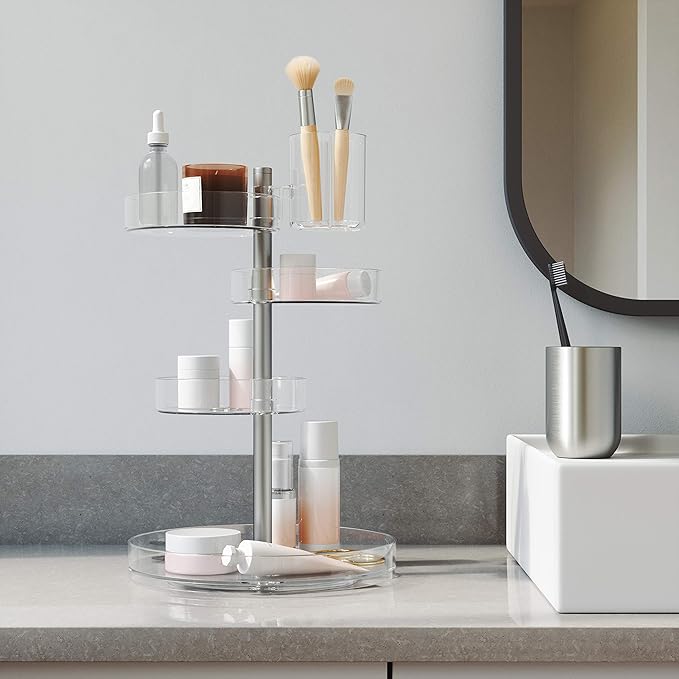 Umbra Pirouette Cosmetic Organizer, Large Capacity Makeup Storage with Adjustable Compartments, Clear/Nickel