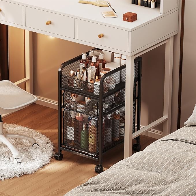 Rolling Makeup Cart Organizer with 2 Drawers, Narrow Floor Skincare Organizers, Vanity Organizer Cosmetics Display Cases Holder for Skin Care Nail Polish Perfume Makeup Brush, Black