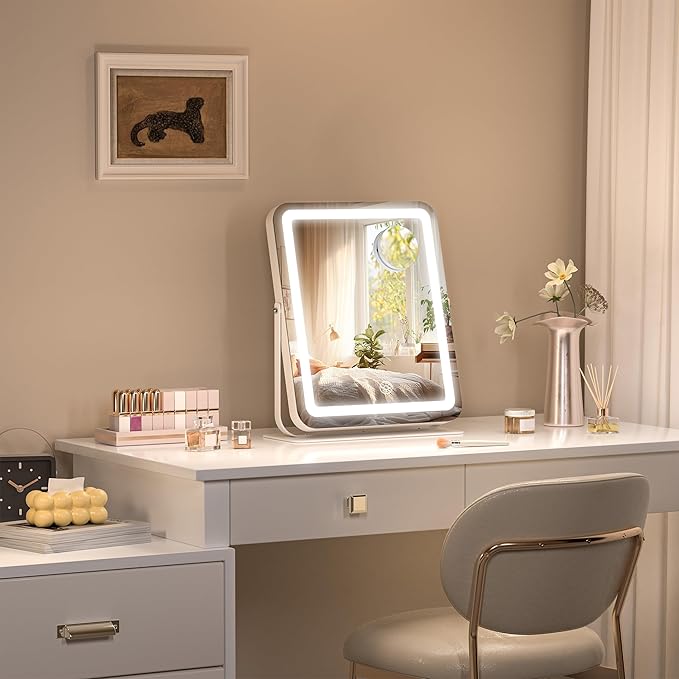 Hasipu Makeup Vanity Mirror with Lights, 12" L x 14" W LED Tabletop Make up Mirror for Desk, Lighting & Brightness Adjustment, 360°Rotation, 10x Magnification