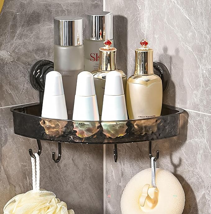 YIKANGHENG Suction Storage Rack, 9 Inch Black Plastic Bathroom Corner Removable Toiletry Storage Rack for Kitchen and Bathroom (Black)