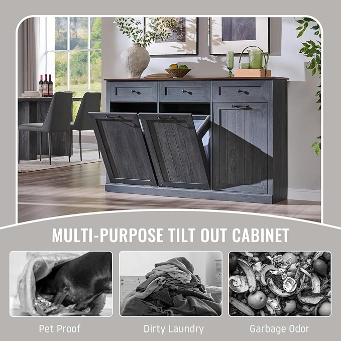 IFBUY Triple Tilt Out Laundry Hamper Cabinet, 20 Gallon Farmhouse Trash Can Cabinet w/Drawer & Adjustable Shelf, Hidden Garbage Can Bin Cabinets w/Laundry Basket for Bathroom, Kitchen (Dark Grey)