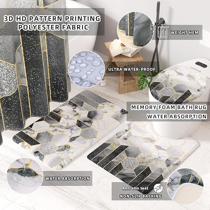 XLHOMO Bathroom Set - 26PC Bathroom Set with Shower Curtain and Rugs, Bathroom Accessory Set, Grey Bathroom Accessories Set, Trash Can & Soap Dispenser