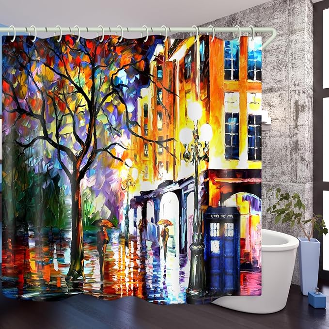 Bright Fabric Shower Curtains, Oil Painting Street Theme Design Art Shower Curtains, Bathroom Decor Set, 12 Shower Curtain Hooks (72 "Wx72 L) Inch Waterproof Shower Curtain.