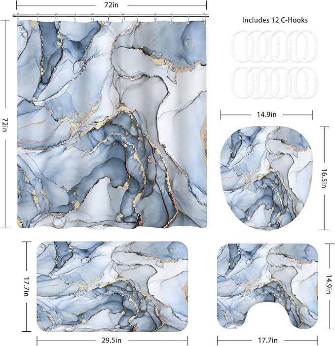 4PCS Light Blue Gold Marble Shower Curtain Sets with Rugs, Abstract Luxury Bathroom Sets with Shower Curtain and Rugs, Gold Bathroom Curtains Shower Set with Toilet Lid Cover