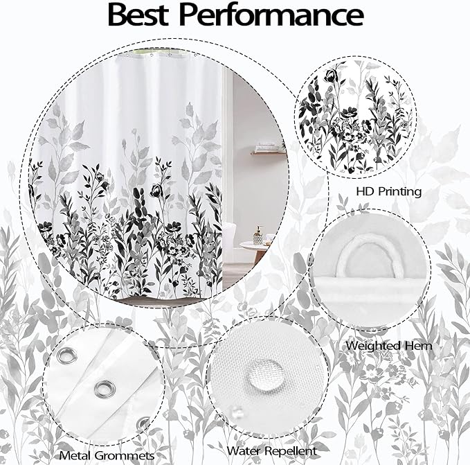 Neasow Black and Grey Shower Curtain, Watercolor Floral Bathroom Curtain Black and White Shower Curtains 72×72 inches