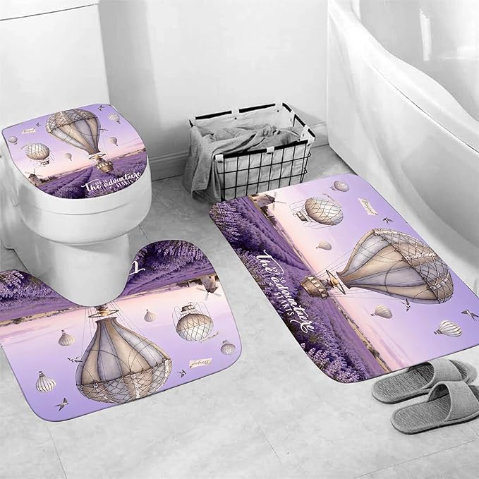 jieprom 4 Piece Purple Lavender Shower Curtain Set with Rugs, Hot Air Balloon & Windmill Landscape Art, Romantic French Country Aesthetic Bathroom Decor, Non-Slip Mats, Waterproof Fabric