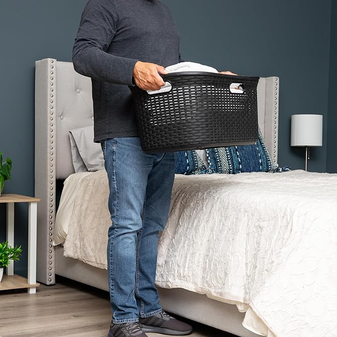 Mind Reader 40L Laundry Basket, Clothes Hamper, Premium Wicker Design, Plastic, Set of 2, Black