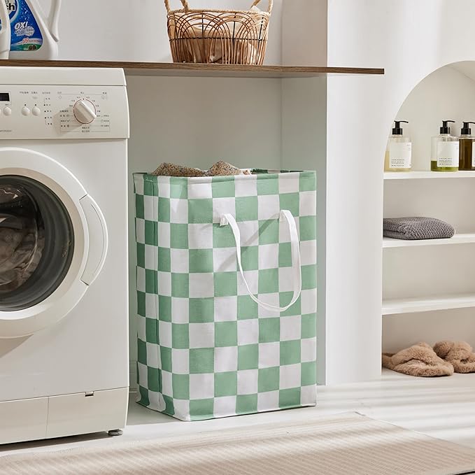 Ohocut Checkered Laundry Hamper, Pack of 2, Sage Green Aesthetic Cute Large Collapsible Cloth Hampers Basket for Storage Organization Cute Aesthetic, 2 x 75L