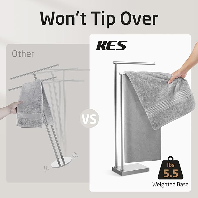 KES Free Standing Towel Racks for Bathroom with 3X Thicker Base, 2-Tier Towel Rack Stand for Bathroom Floor, Upgrade Steady Design, Pro-Grade 18/8 Stainless Steel Brushed Finish, BTH239A-2