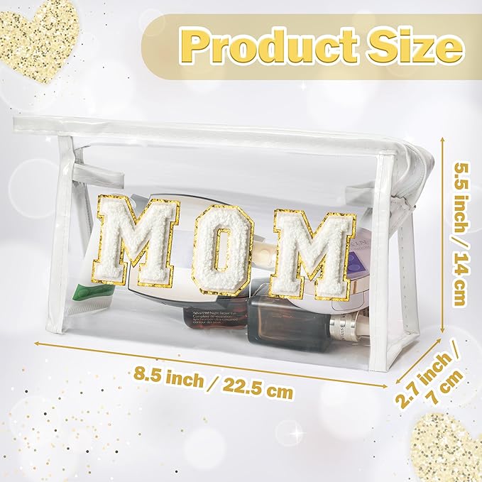 CY2SIDE MOM Clear Makeup Bag - White MOM Letter Patch Cosmetic Bag with Handle for Travel PVC Zipper Clear Travel Bag for Toiletries Waterproof Portable Travel Organizer Case Mother's Day Gift for Mom