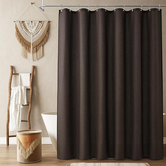 Naturoom Chocolate Brown Linen Shower Curtain, Country Boho Farmhouse Bath Decor Shower Curtains Neutral Cloth Weighted Textured Fabric Bath Curtain Liner with Hooks, 72x72