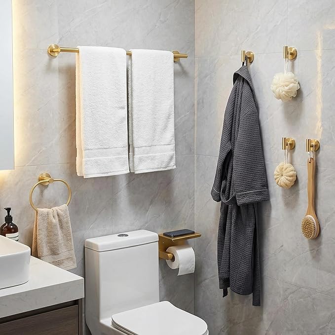 7-Piece Bathroom Hardware Accessories Set SUS304 Stainless Steel Towel Bar Set Wall Mounted 25.9-Inch Towel Rack, Towel Ring, Toilet Paper Holder with Shelf & 4 Hooks, Golden