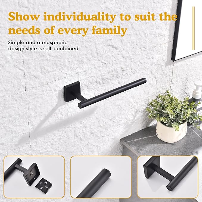 Black Hand Towel Holder,Thicken SUS 304 Stainless Steel Towel Bar Towel Ring for Bathroom, Modern Design Hand Towel Rack Towel Hanger Wall Mounted