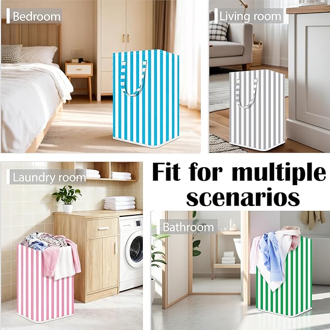Large Laundry Basket ，75L Waterproof,Collapsible Laundry Hamper with Extended Handles for Clothes in the Family Dorm (Vertical Stripe Green，Blue，Grey，Pink)