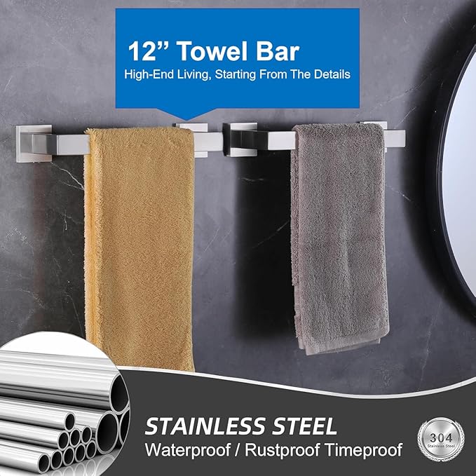 Towel Bar for Bathroom 12 Inch Brushed Nickel Towel Holder 12/16/20/24/28/32/36 Inch Stainless Steel SUS304 Rustproof Towel Rack Modern Square Towel Rod for Bathroom Wall (1, Brushed Nickel, 12 Inch)